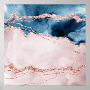 Mystic Elegance Teal Blue and Rose Gold Agate Poster