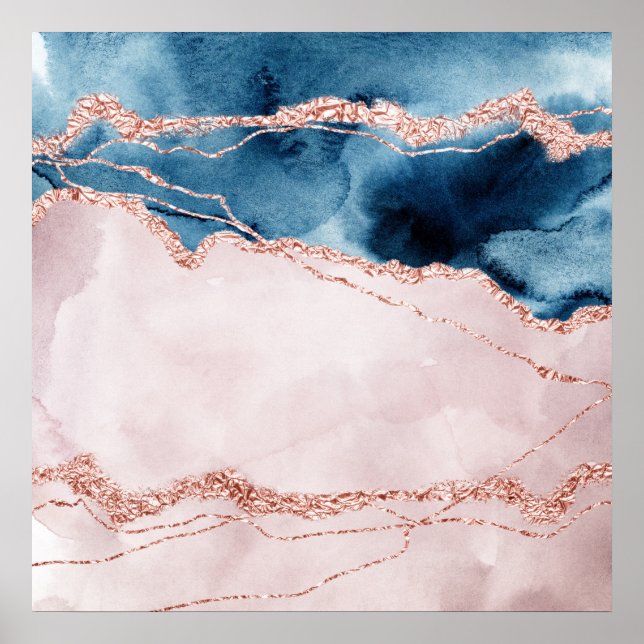 Mystic Elegance | Teal Blue and Rose Gold Agate Poster (Front)