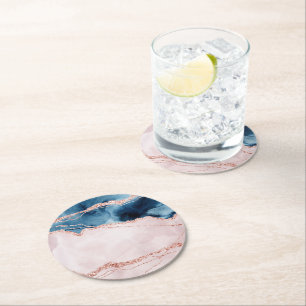 Mystic Elegance Teal Blue and Rose Gold Agate Round Paper Coaster