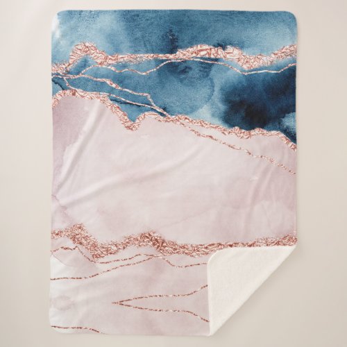 Mystic Elegance  Teal Blue and Rose Gold Agate Sherpa Blanket