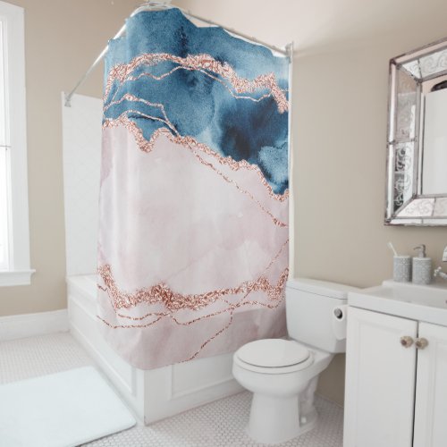 Mystic Elegance  Teal Blue and Rose Gold Agate Shower Curtain