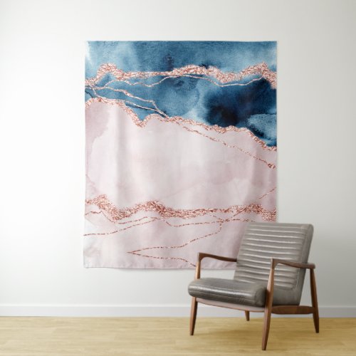 Mystic Elegance  Teal Blue and Rose Gold Agate Tapestry