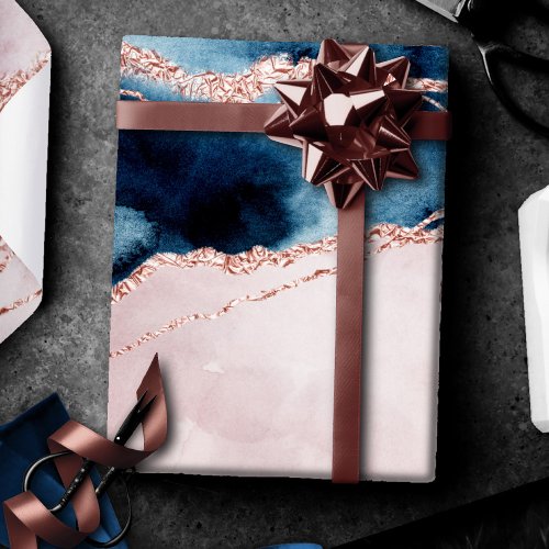 Mystic Elegance  Teal Blue and Rose Gold Agate Wrapping Paper