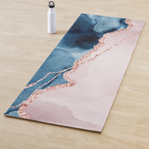 Mystic Elegance  Teal Blue and Rose Gold Agate Yoga Mat