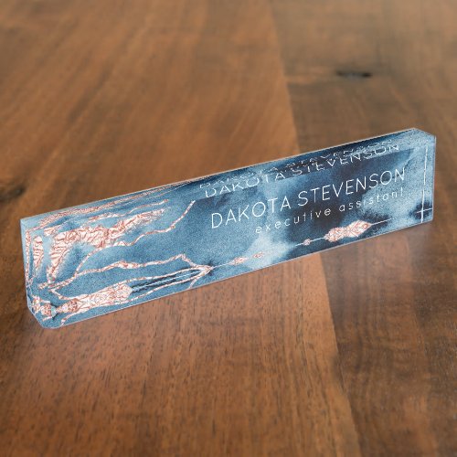 Mystic Elegance  Teal Blue and Rose Gold Branding Desk Name Plate