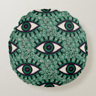 "Mystic Emerald Eyes" - Psychedelic Swirl Seamless Round Pillow