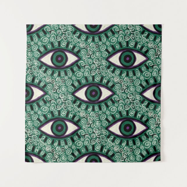 "Mystic Emerald Eyes" - Psychedelic Swirl Seamless Tapestry (Front)