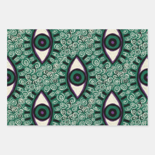 "Mystic Emerald Eyes" - Psychedelic Swirl Seamless Wrapping Paper Sheets