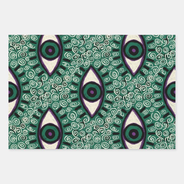 "Mystic Emerald Eyes" - Psychedelic Swirl Seamless Wrapping Paper Sheets (Front)