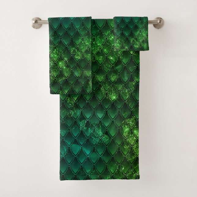 Mystic Emerald Fantasy Green Dragon Scale Pattern Bath Towel Set (Insitu)