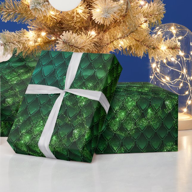 Mystic Emerald Fantasy Green Dragon Scale Pattern Wrapping Paper (Holidays)