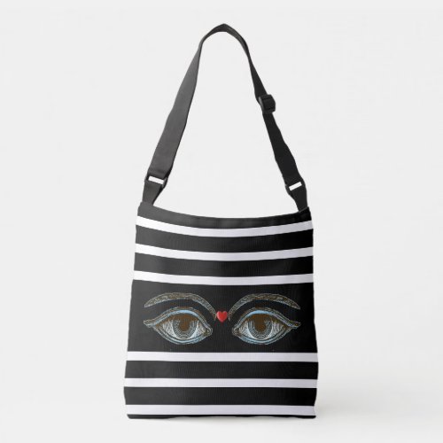 Mystic Eyes on Black  White Striped Crossbody Bag