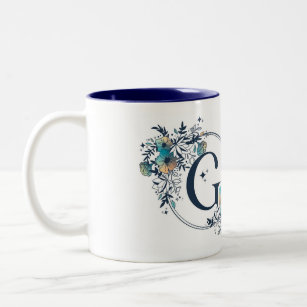 Mystic Floral Monogram Initial - Letter G Two-Tone Coffee Mug