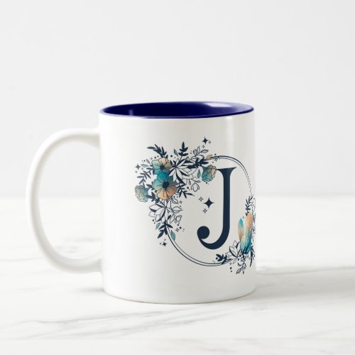 Mystic Floral Monogram Initial _ Letter J Two_Tone Coffee Mug