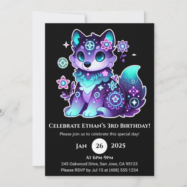 Mystic Flower Wolf Birthday Invitation (Front)