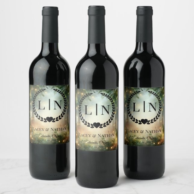Mystic Forest Meadow Magic Monogram Initials Wine Label (Bottles)