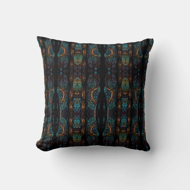 Mystic Forest Mosaic Blue & Black pattern Cushion  (Front)