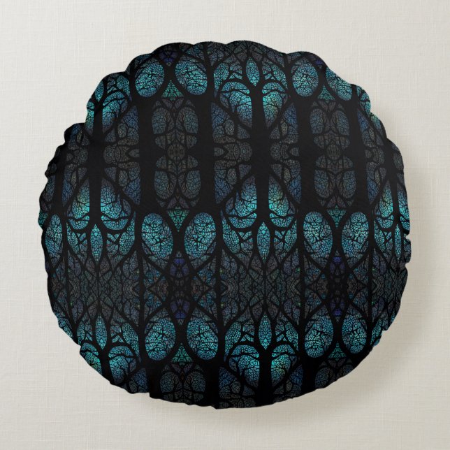 Mystic Forest Mosaic Blue & Black pattern  Round Pillow (Front)
