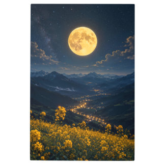 Mystic Full Moon Mountain Valley Metal Wall Art
