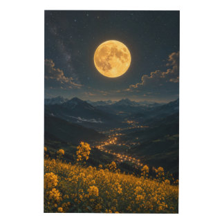 Mystic Full Moon Mountain Valley Wood Wall Art