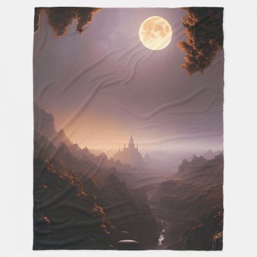 Mystic Full Moon over Fantasy Red Rock Valley Fleece Blanket