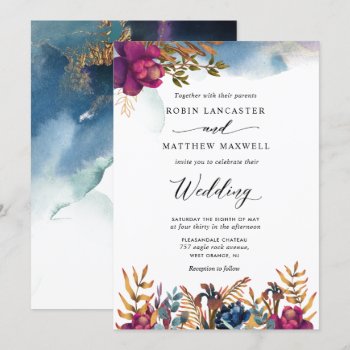 Mystic Garden Purple, Blue, Teal and Gold Wedding Invitation