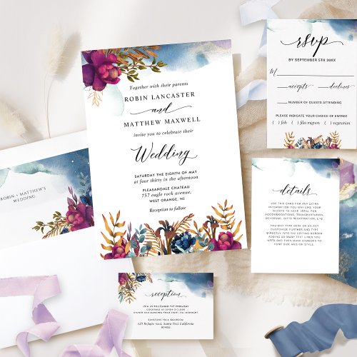 Mystic Garden Purple Blue Teal and Gold Wedding Invitation