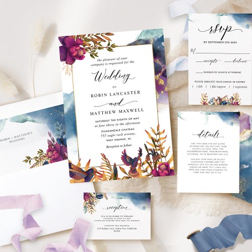 Mystic Garden Purple Teal Blue and Gold Wedding Invitation