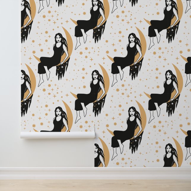 Mystic Goddess Sitting on Moon Pattern Wallpaper (Application)