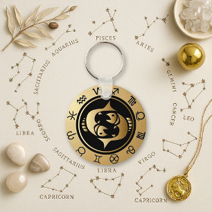 Mystic Gold Engraved Pisces Zodiac Wheel Keychain