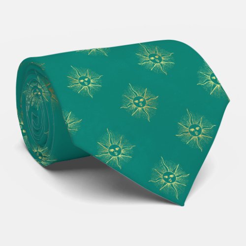 Mystic Gold Sun Pattern on Teal Green Neck Tie