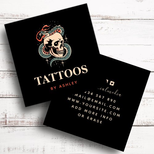 Mystic Gothic Skull Snake Illustration Tattoo Art Square Business Card