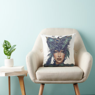 Mystic Guardian: Ethereal Portrait with Cosmic Det Throw Pillow