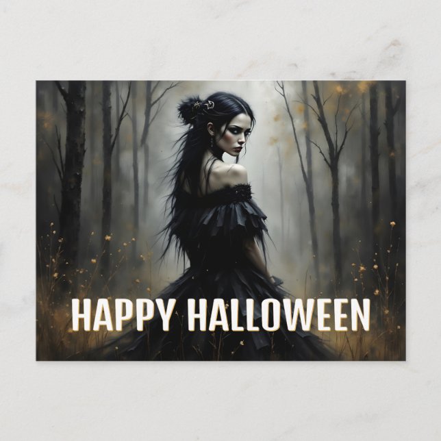 Mystic Lady in Dark Halloween Forest Holiday Postcard (Front)
