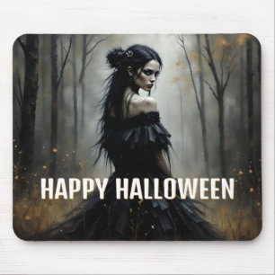 Mystic Lady in Dark Halloween Forest Mouse Pad