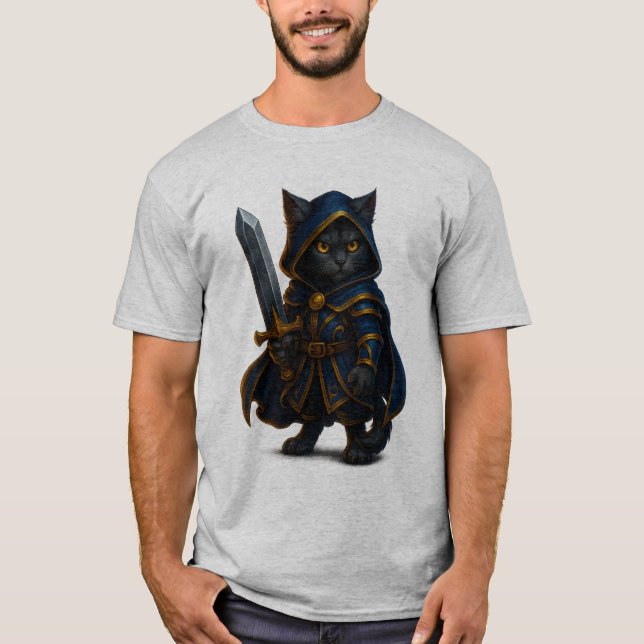 Mystic Mage Cat – Fantasy Wizard Cloak T-Shirt (Front)