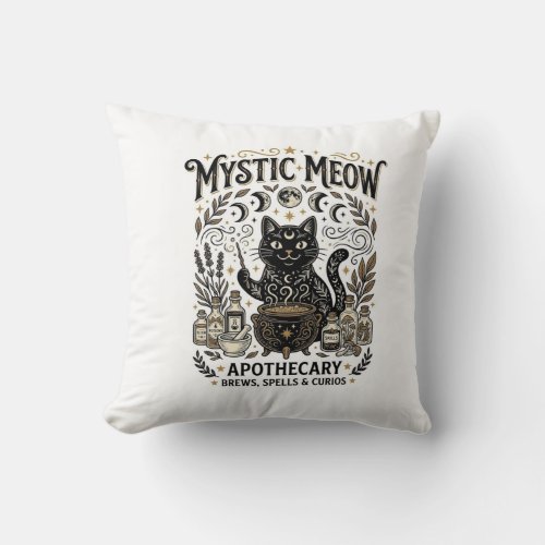 Mystic Meow Cat Witchy Mystic Apothecary Cat Vinta Throw Pillow