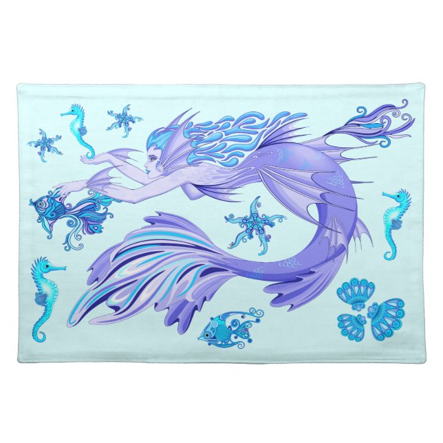 Mystic Mermaid Fairy Purple Creature Ceramic Tile Cloth Placemat (Front)