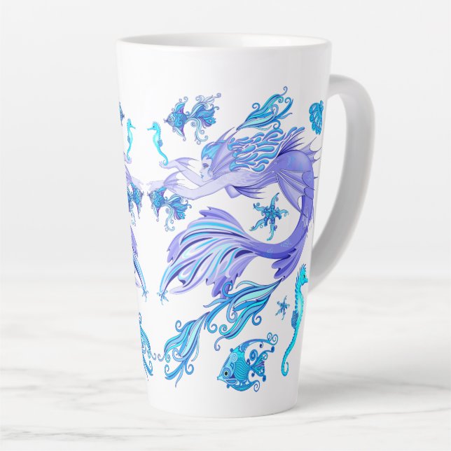Mystic Mermaid Fairy Purple Creature Ceramic Tile Latte Mug (Right Angle)