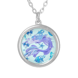 Mystic Mermaid Fairy Purple Creature Ceramic Tile Silver Plated Necklace