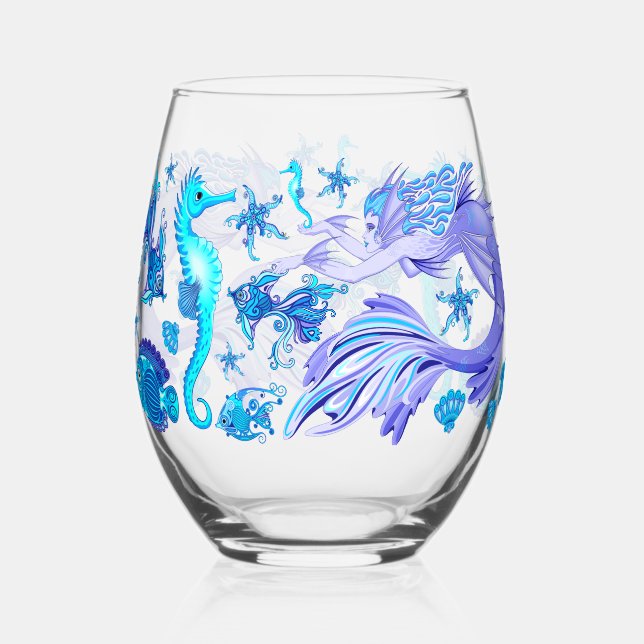 Mystic Mermaid Fairy Purple Creature Ceramic Tile Stemless Wine Glass (Front)