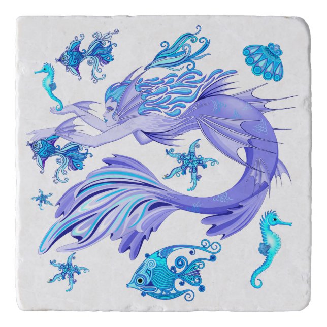 Mystic Mermaid Fairy Purple Creature Ceramic Tile Trivet (Front)