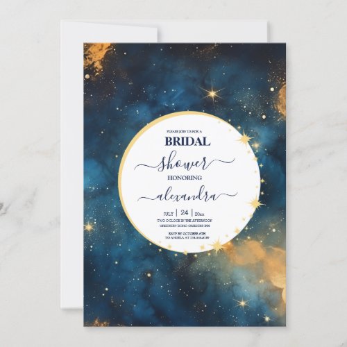 Mystic Midnight Blue and Gold Watercolor Bridal Invitation