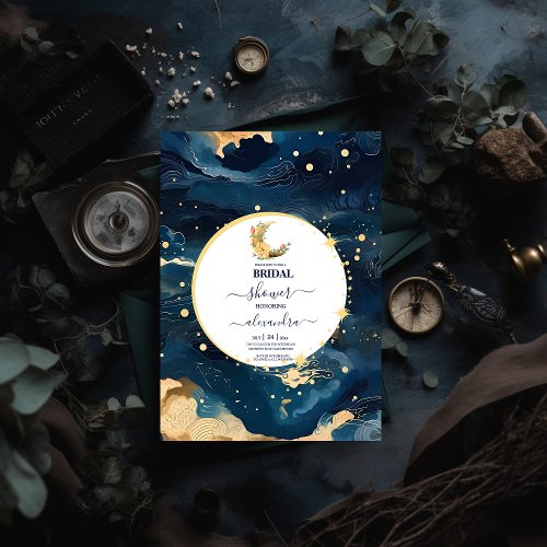 Mystic Midnight Blue and Gold Watercolor Bridal Invitation