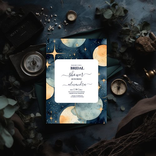 Mystic Midnight Blue and Gold Watercolor Bridal Invitation