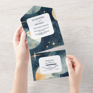Mystic Midnight Blue and Gold Watercolor Wedding All In One Invitation