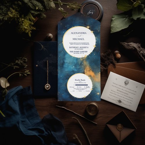 Mystic Midnight Blue and Gold Watercolor Wedding All In One Invitation