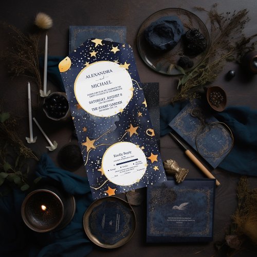 Mystic Midnight Blue and Gold Watercolor Wedding All In One Invitation