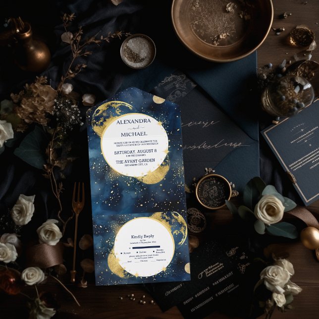 Mystic Midnight Blue and Gold Watercolor Wedding All In One Invitation (Creator Uploaded)
