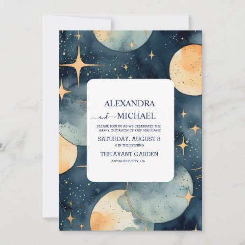 Mystic Midnight Blue and Gold Watercolor Wedding Invitation